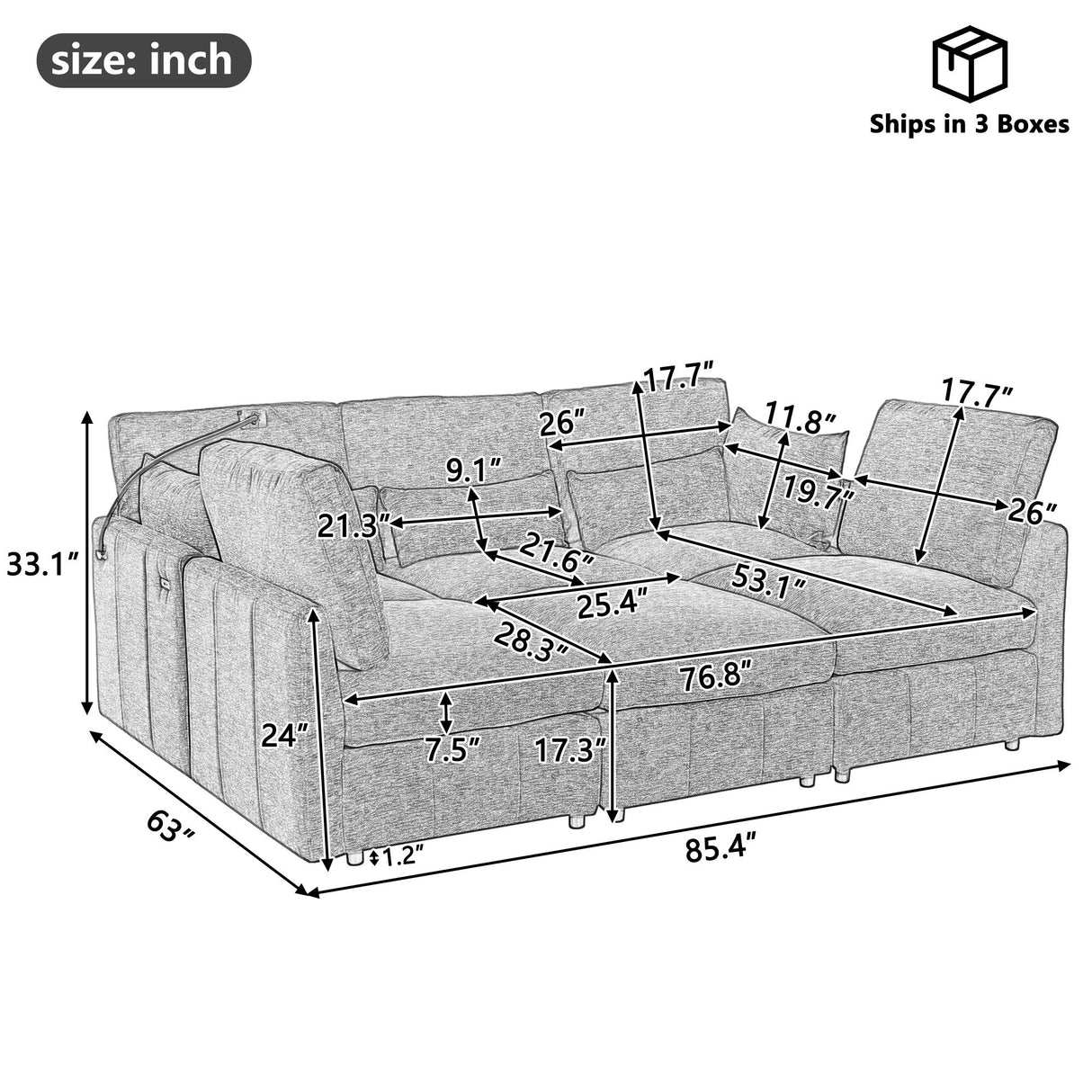 Modern Modular U-Shaped Sofa Bed With Movable Ottoman, USB Ports, Phone Holder