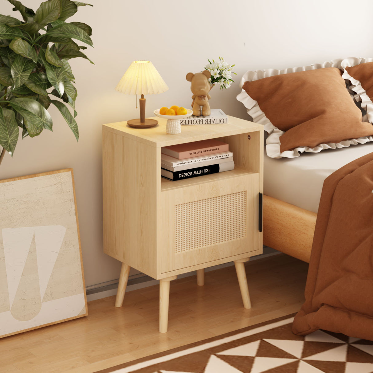 Nightstand, Side Table With Door And Open Shelf For Bedroom - Oak