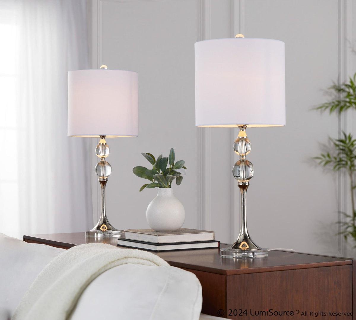 Clara - 26" Table Lamp (Set of 2) - Clear Crystal And Polished Nickel With White Linen Shade