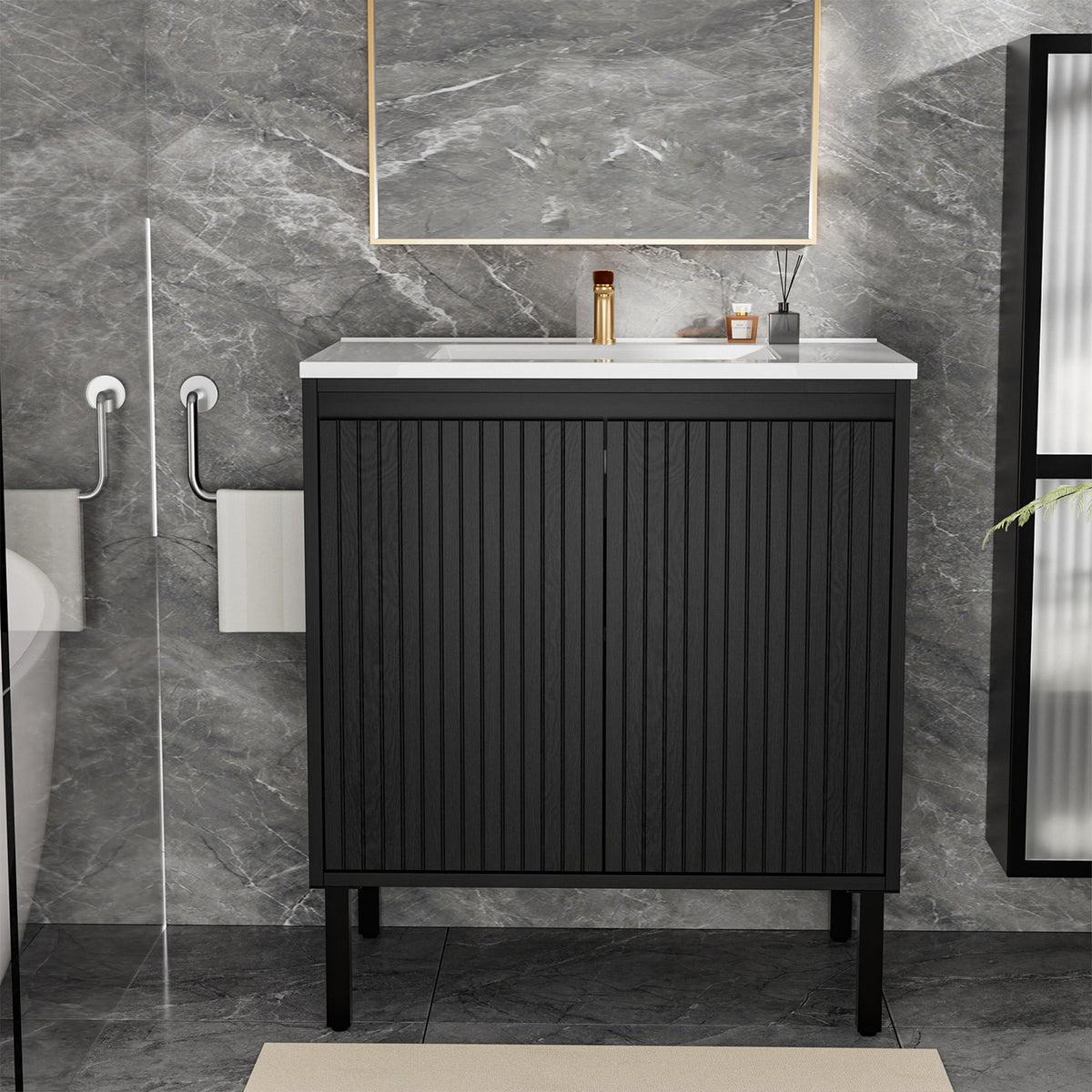 Bathroom Vanity With Ceramic Sink, Floor-Standing Design, Soft-Closing Drawers