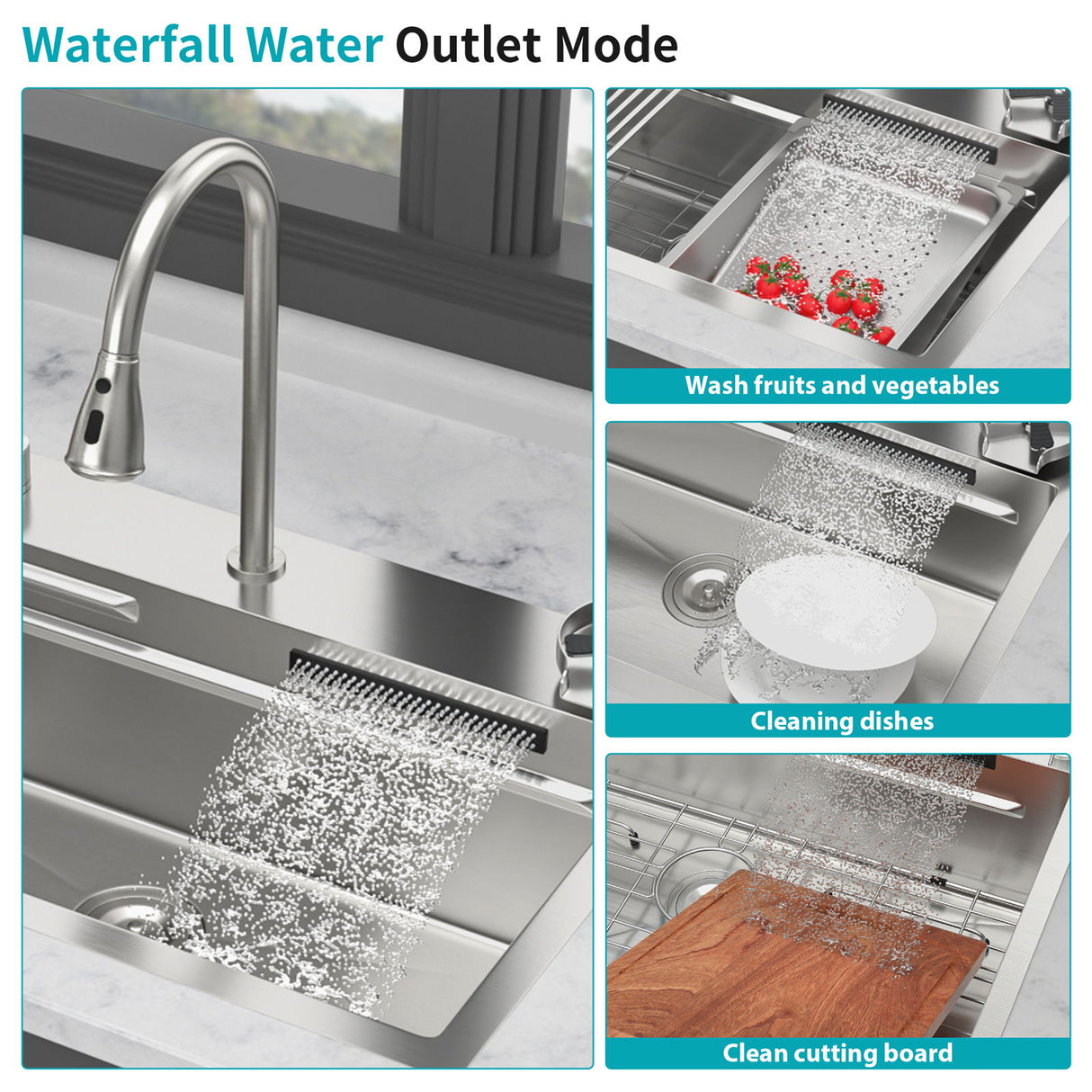 Drop In Waterfall Kitchen Sink With Pull Out Faucet & Cup Washer