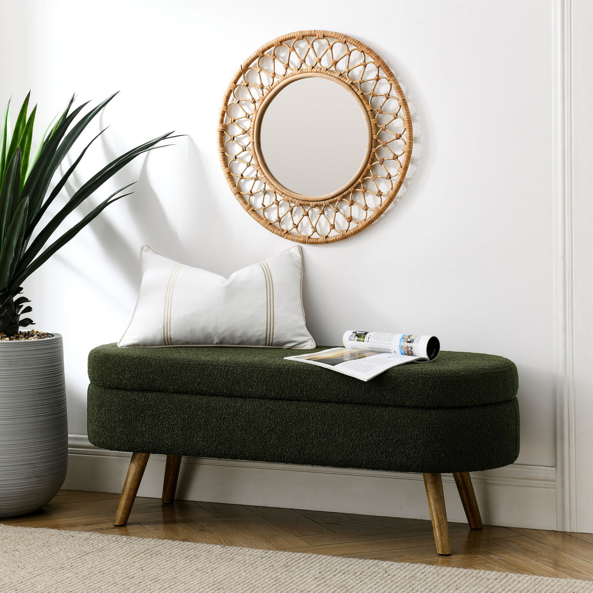 Elegant Ottoman Oval Storage Bench With Rubber Wood Legs Foam Upholstery - Green