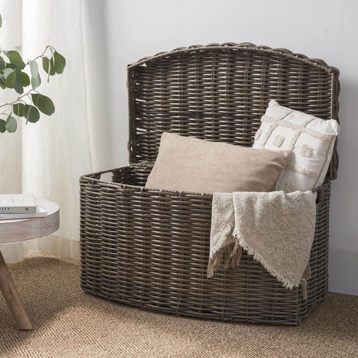 Joseph - Rectangular Curve Resin Woven Wicker Trunk With Handles Multi Purpose Storage - Walnut Brown