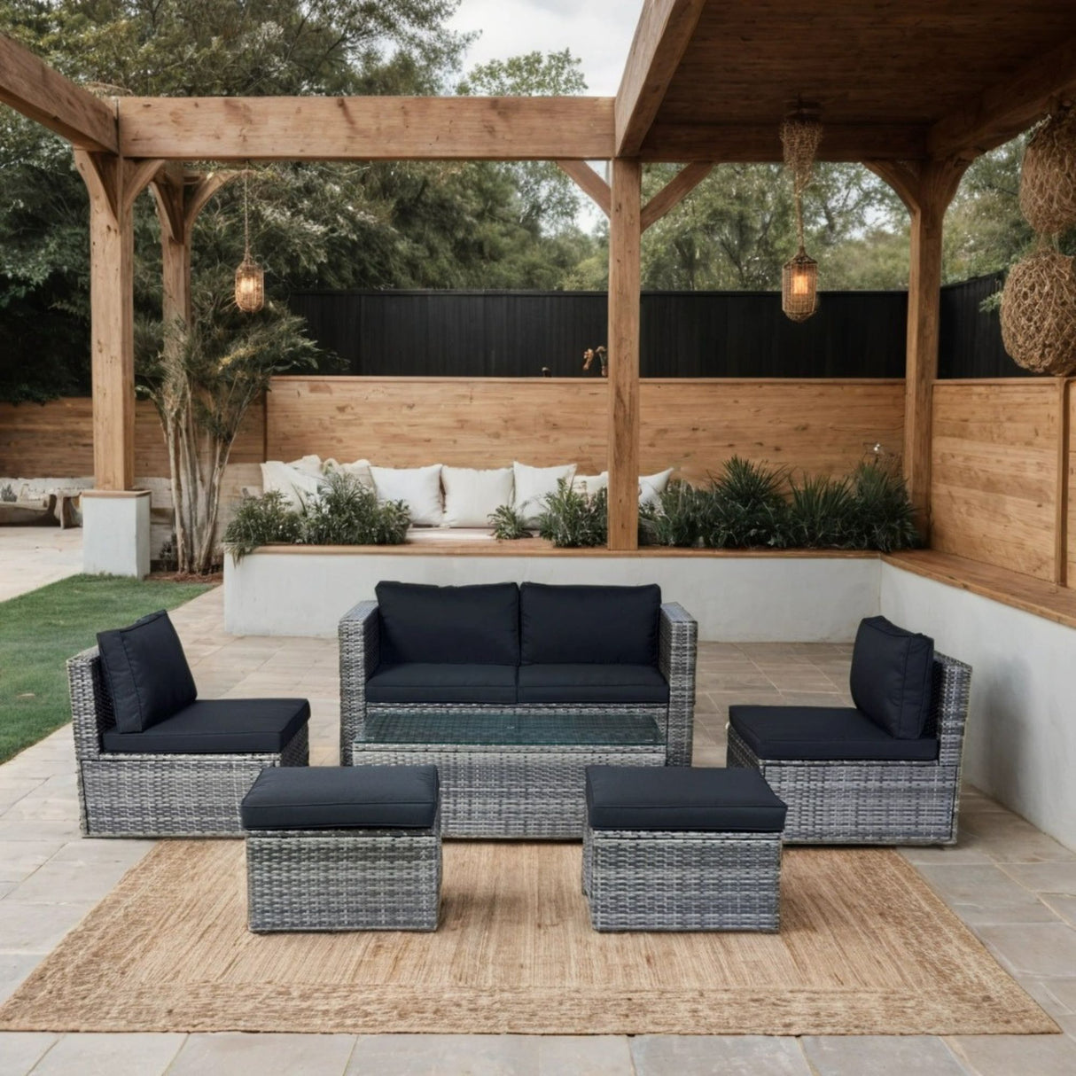 6 Piece Patio Wicker Sectional Set Patio Backyard Conversation Set Space Saving - Gray / Black