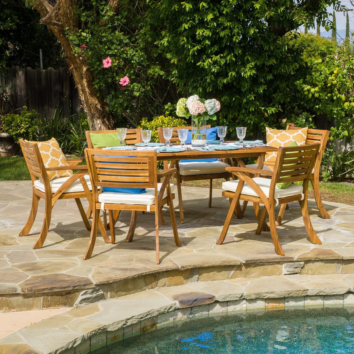 Outdoor Hermosa 7 Piece Wood Dining Set With Cushions - Teak