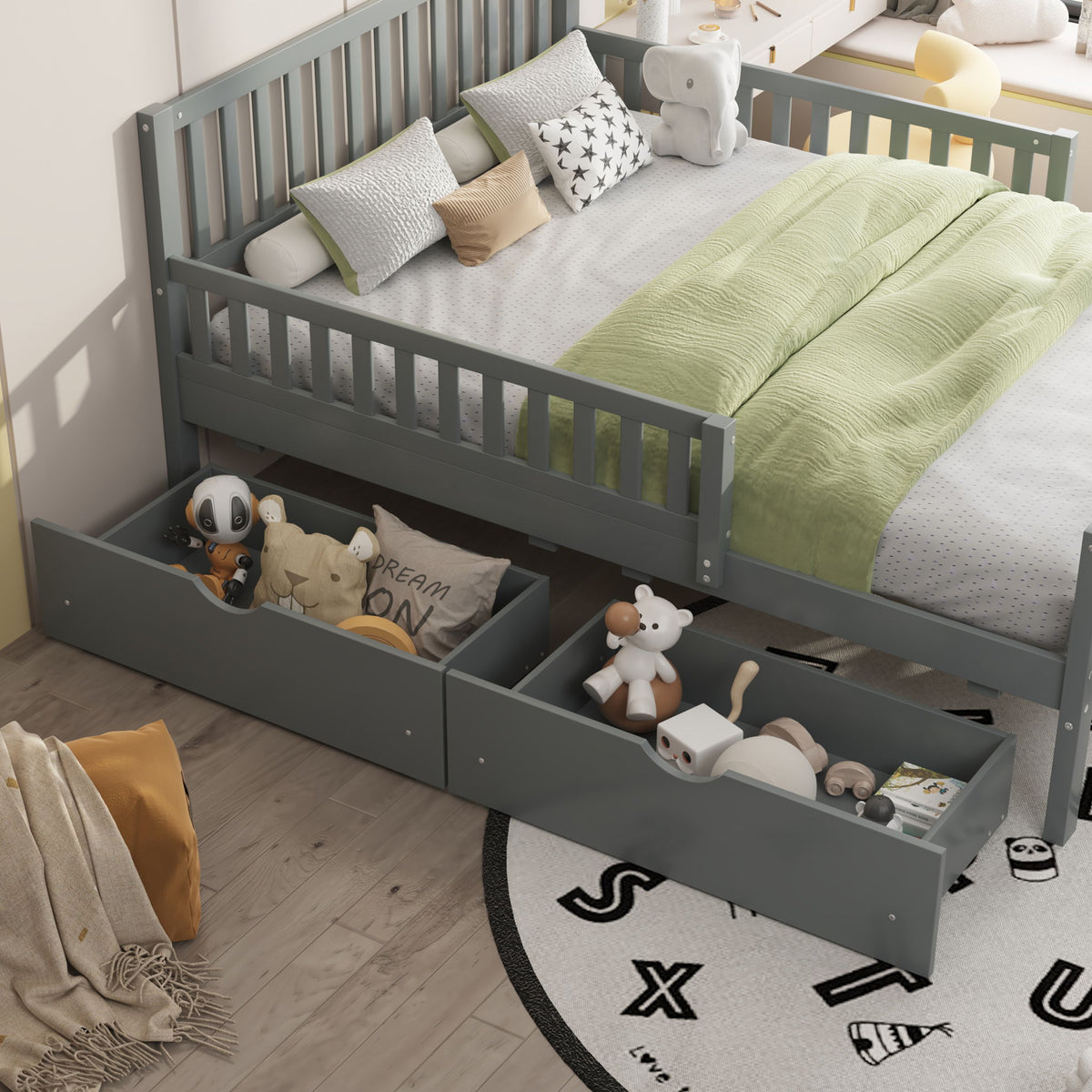 Platform Bed With Guardrails On Both Sides And 2 Storage Drawers