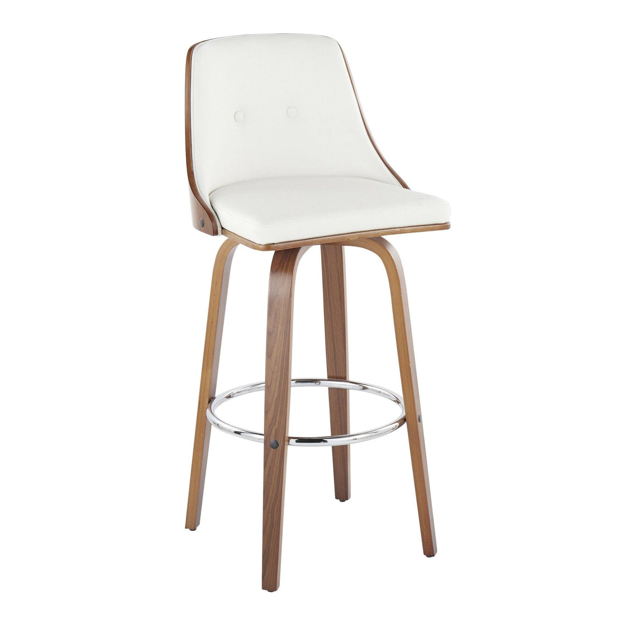 Gianna - Mid-Century Modern Fixed-Height Swivel Barstool (Set of 2) - Walnut Wood And White Faux Leather With Round Chrome Metal Footrest