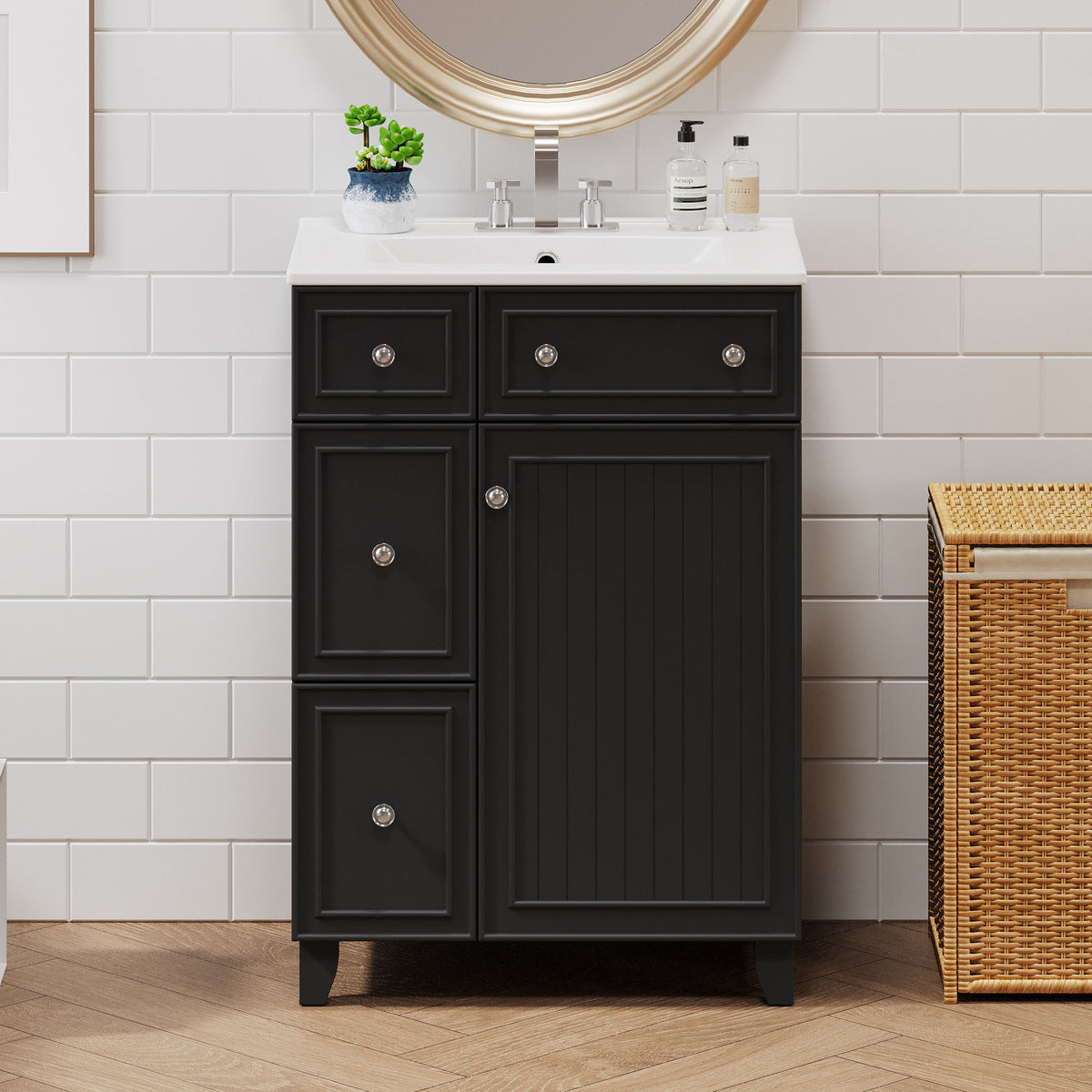 Transitional Style Bathroom Vanity Cabinet With Ceramic Sink