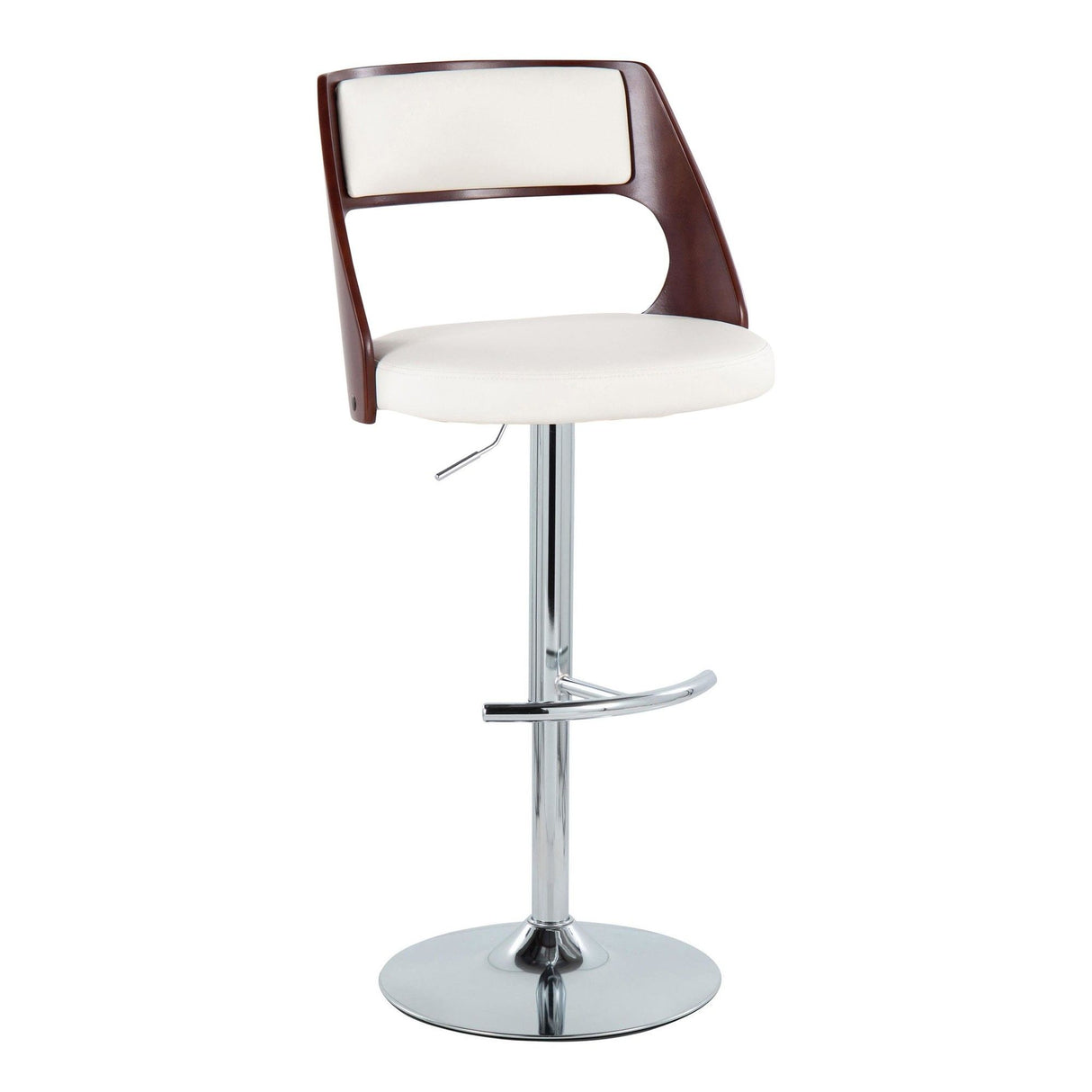 Cecina - Mid-Century Modern Adjustable Swivel Barstool (Set of 2) - Chrome Metal, Cherry Wood, And White Faux Leather With Rounded T Footrest
