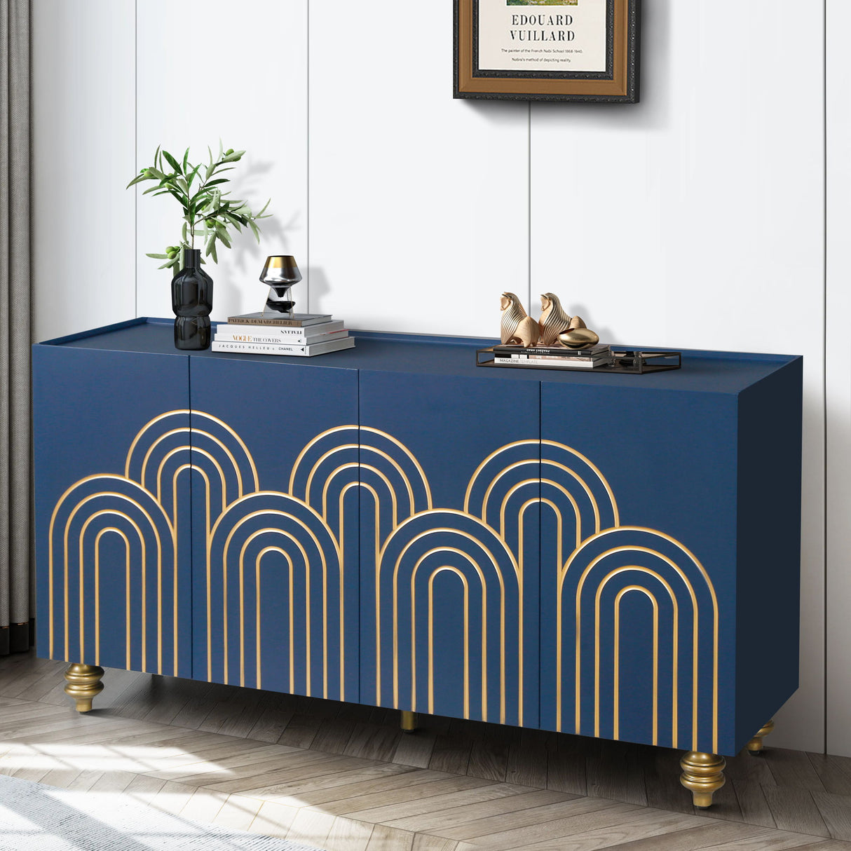 Modern Fluted Sideboard Buffet With Storage, Curve Element, 4 Doors With Adjustable Shelves