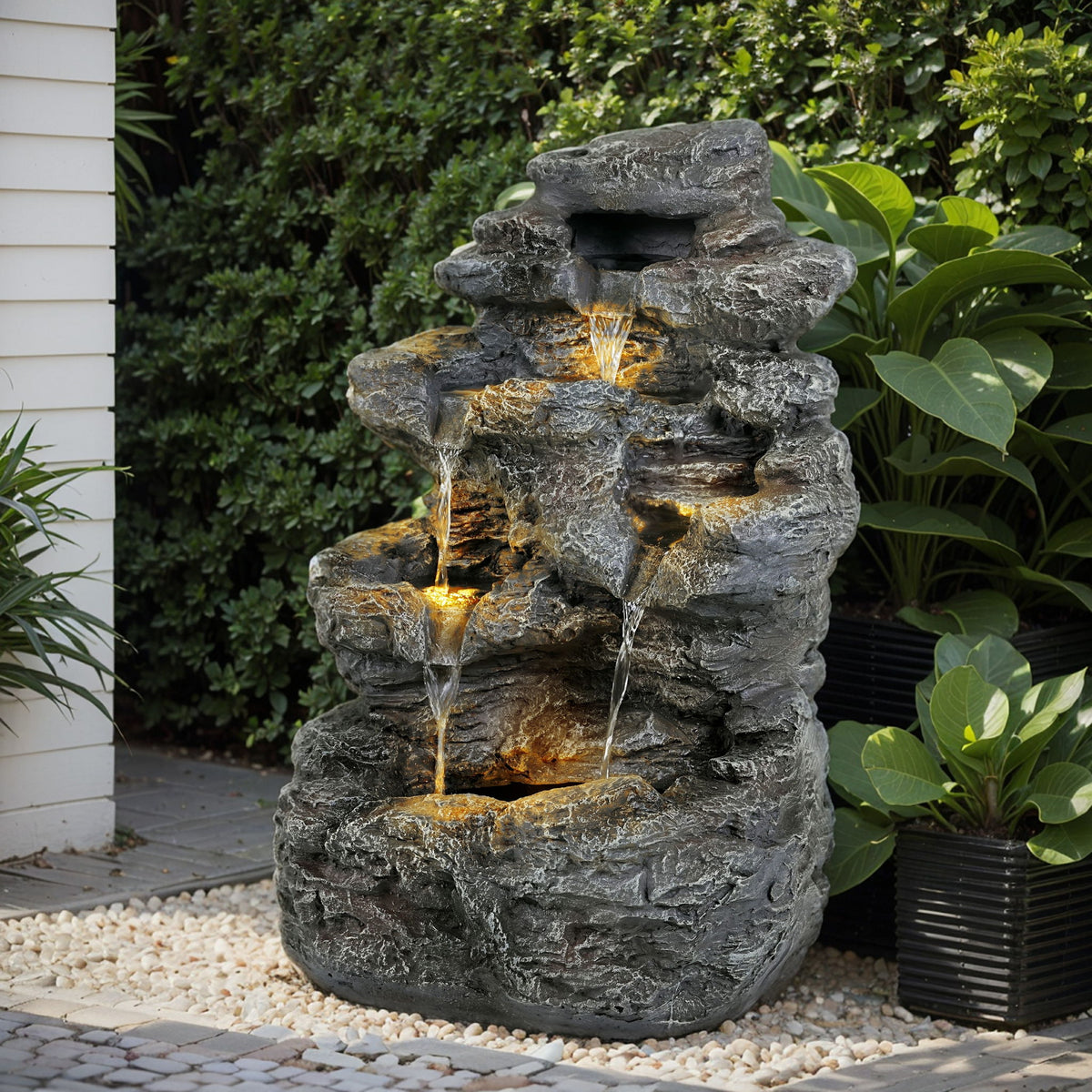 Concrete Rock Waterfall Fountain With LED Lights, Outdoor Garden Decor