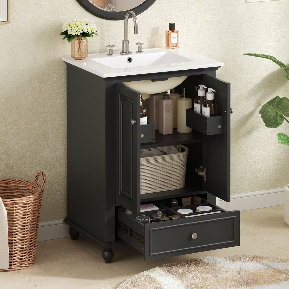 Bathroom Vanity With Sink, Soft Close Doors, Drawer With Dividers, Rectangular Storage Cabinet - Black