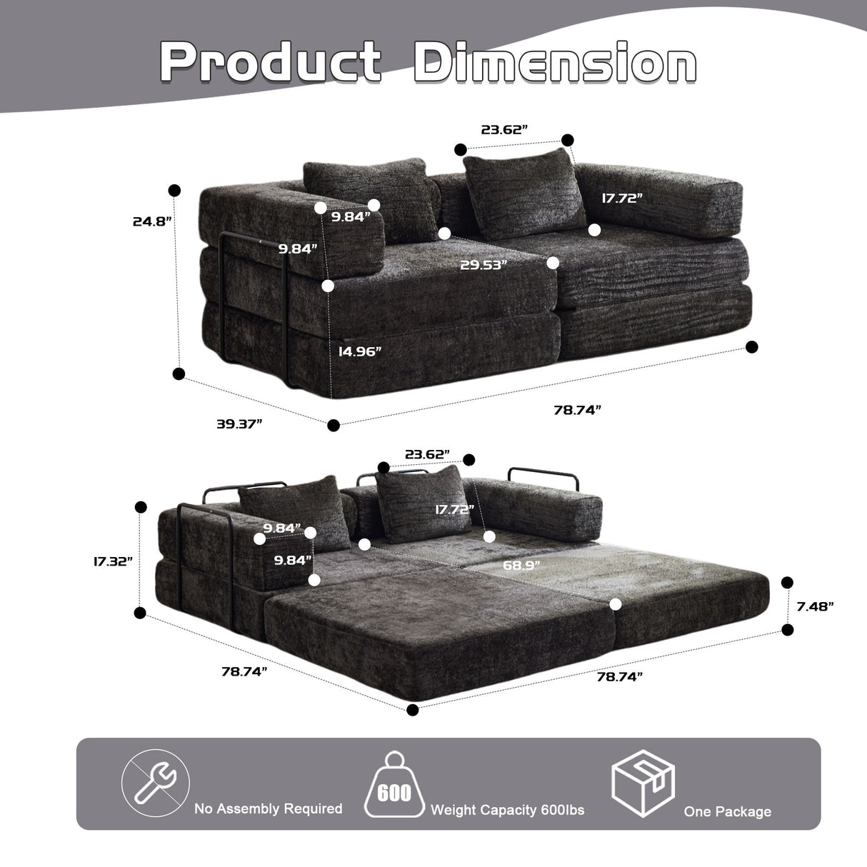 Convertible Floor Sofa Bed With Pillow Back Support Armrest