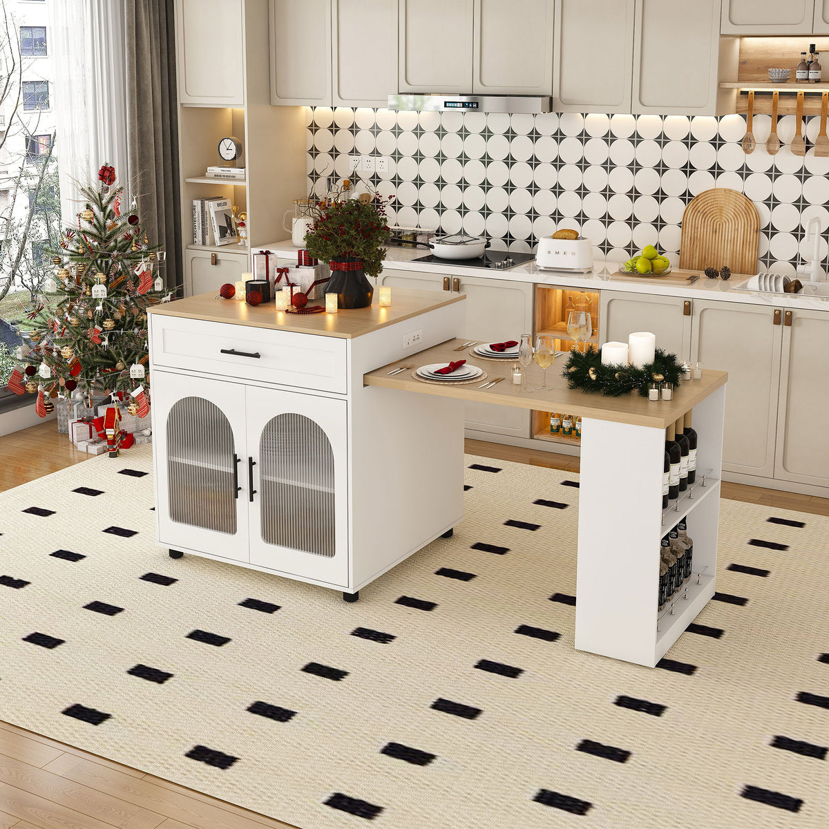 Expandable Kitchen Island With Dining Table - White