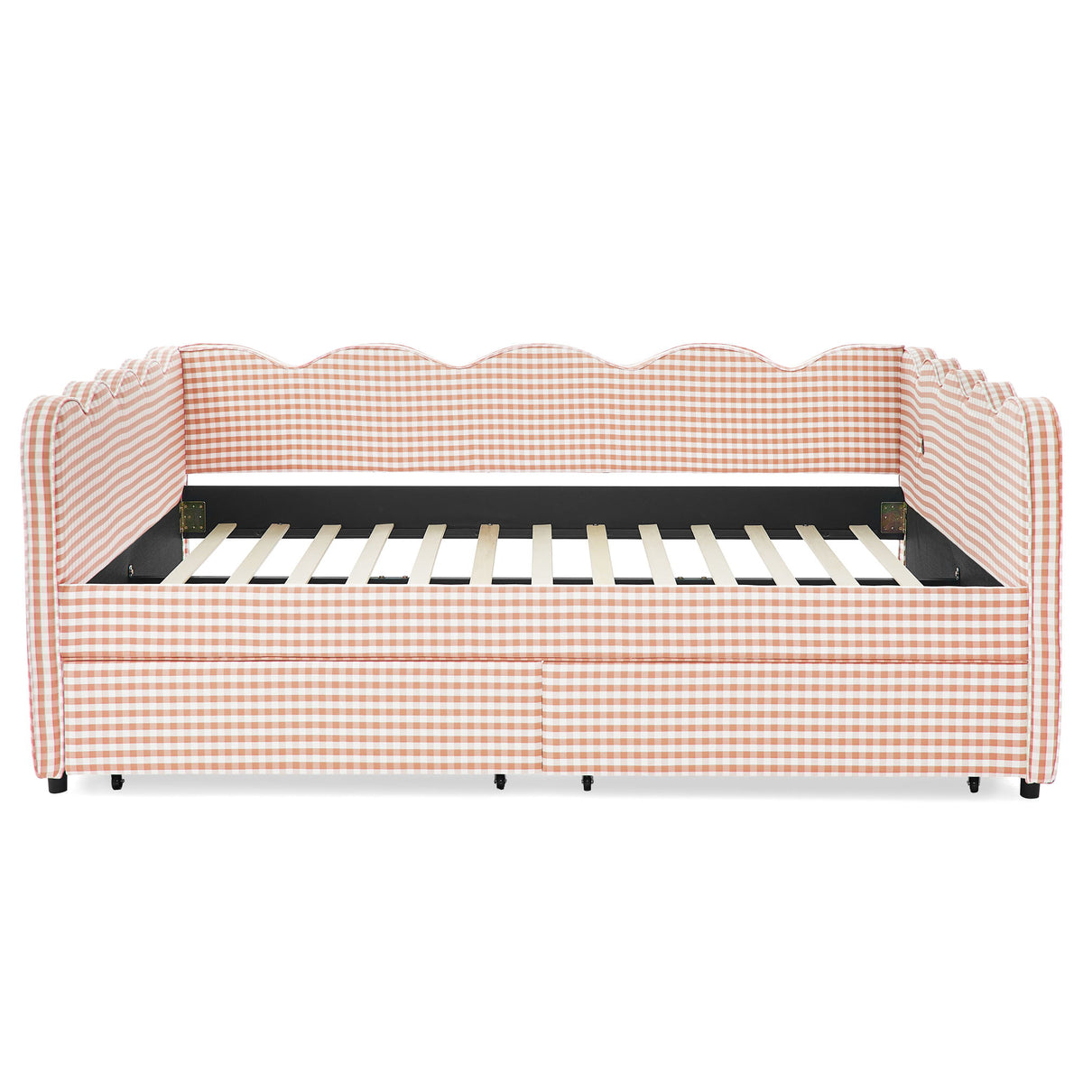 Queen Size Gingham Daybed With 2 Storage Drawers, USB Port, Wave-Shaped Design - Pink