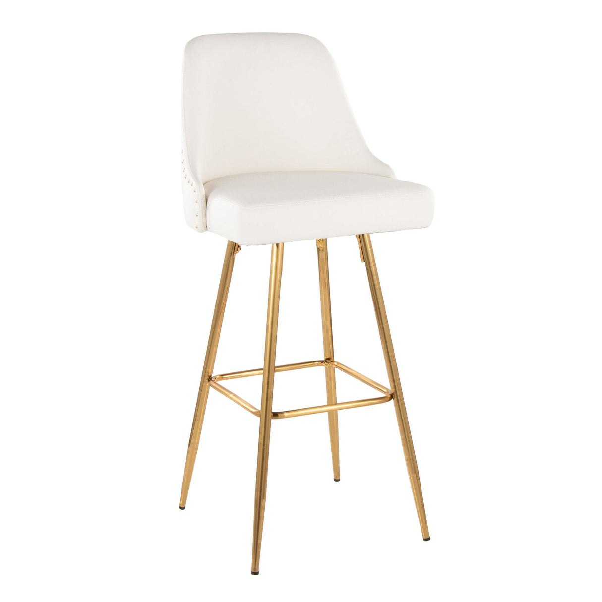 Studded - Marcel Fixed-Height Barstool (Set of 2) - Gold Metal, White Faux Leather