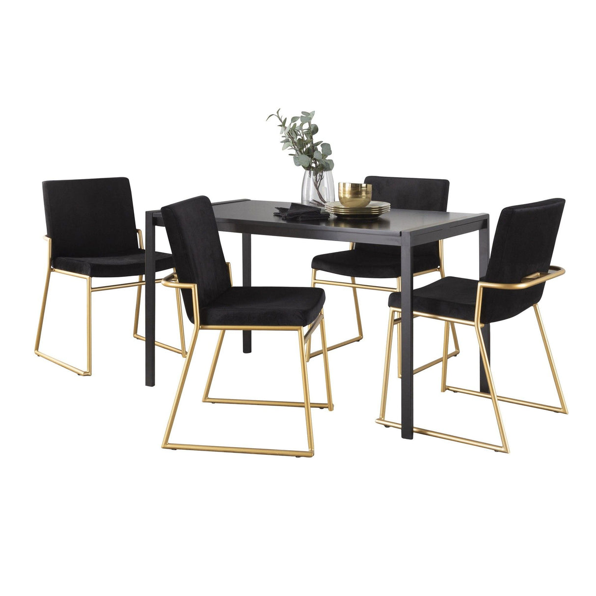 Fuji-dutchess - 5 Piece Dining Room Set - Black Metal, Black Wood, Black Velvet, Gold Metal