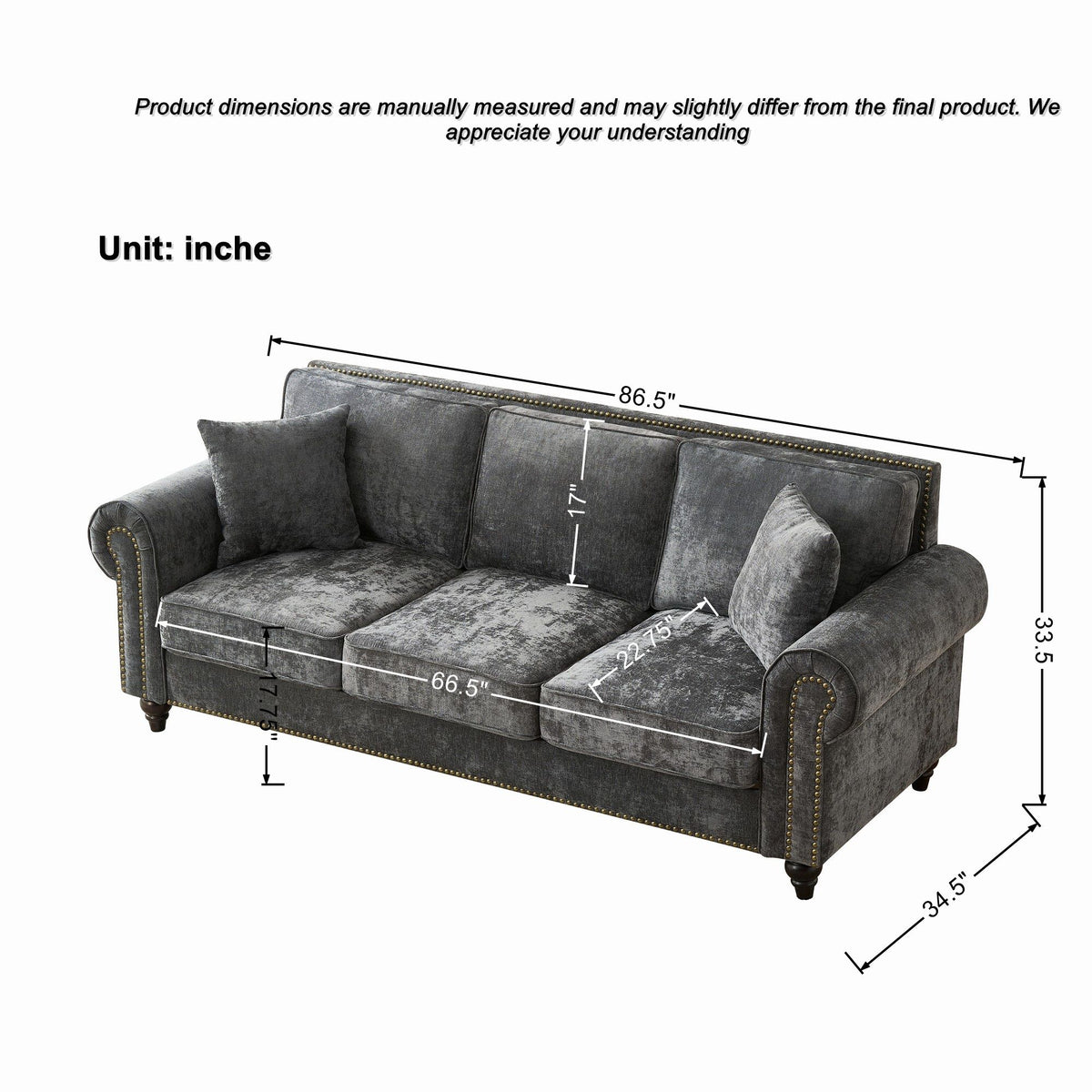 Modern 3 And 2 Seater Sofa With Rolled Arms, Tufted Upholstered Couch