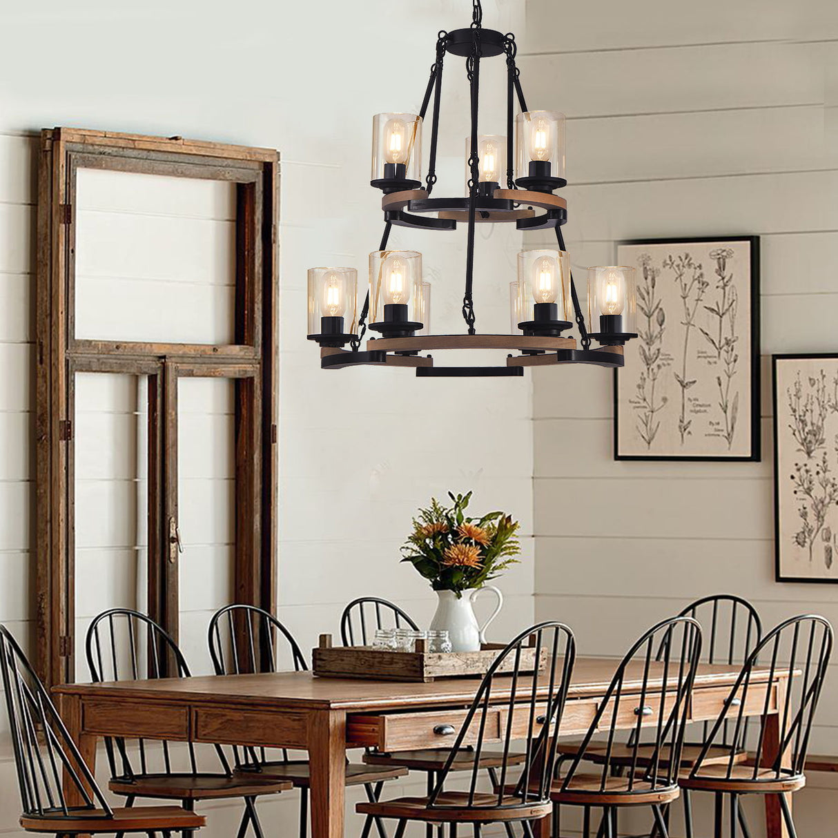 Wagon Wheel Chandelier, Ceiling Light With Adjustable Height - Black / Brown
