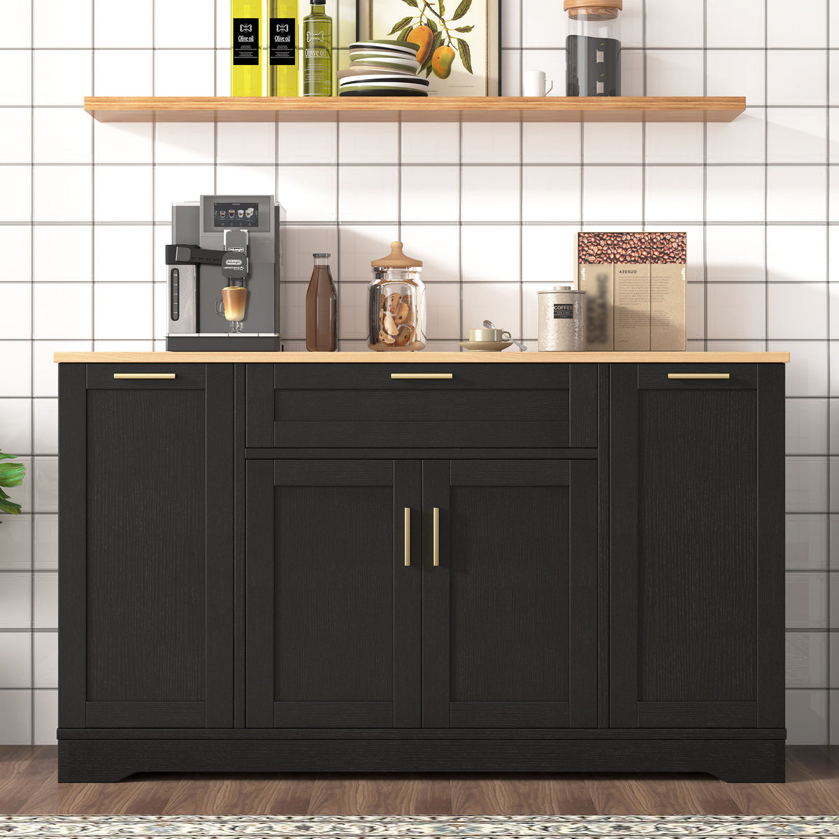 Trexm Multi-Functional Storage Sideboard, Extendable Dining Table, Adjustable Shelves, 3-Tier Pull-Out Rack, Kitchen Island Storage For Kitchen, Dining Room, Living Room (Black)