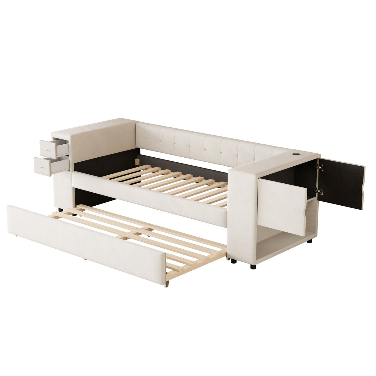 Upholstered Bed With Storage And Twin Trundle, USB Charging Ports