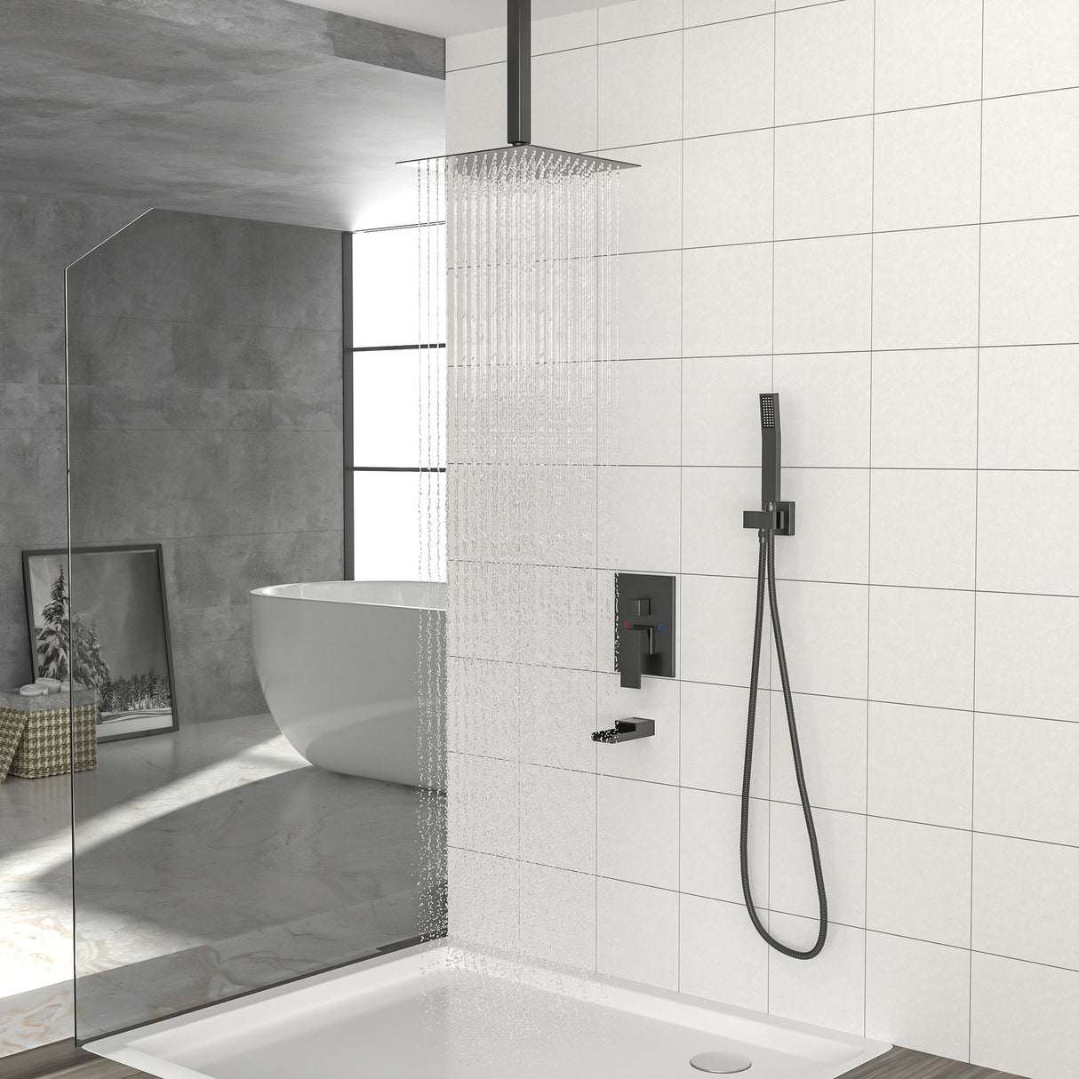 16" Ceiling Mount Square Shower System With Waterfall Tub Spout And Rough In Valve