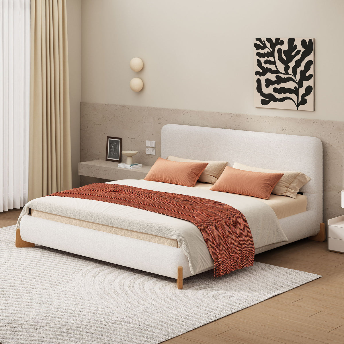 Queen Size Upholstered Bed With 12 Slats Support - White