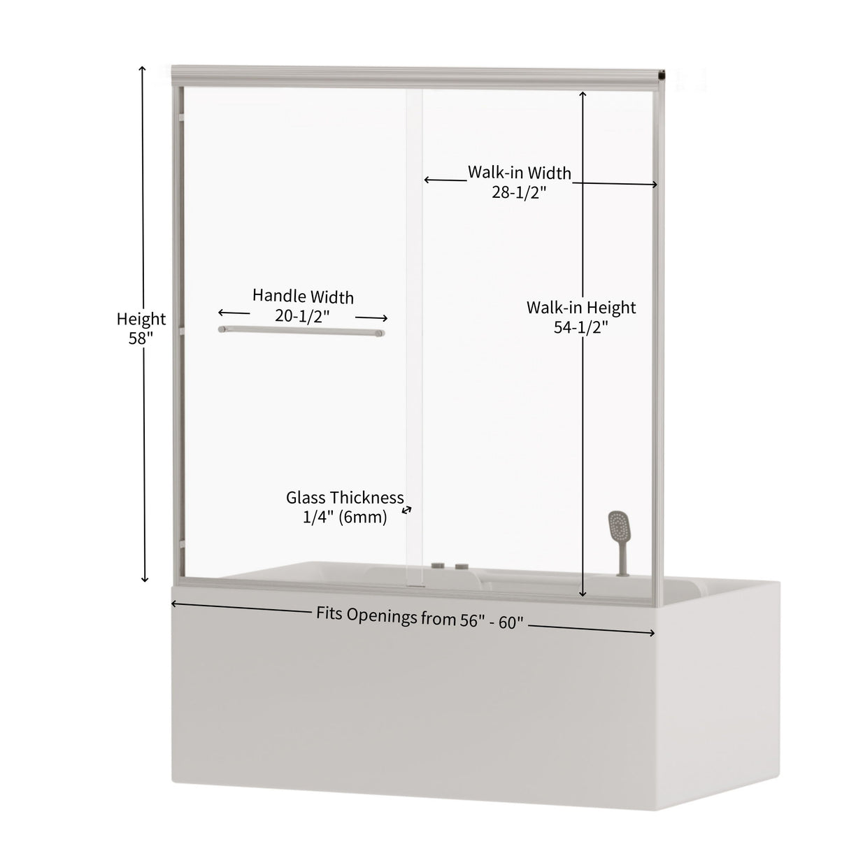 Double Sliding Bathtub Shower Door, Semi Frameless Bypass, 1 / 4" (6Mm) With Explosion - Proof Film, Adjustable Aluminum Alloy Frame