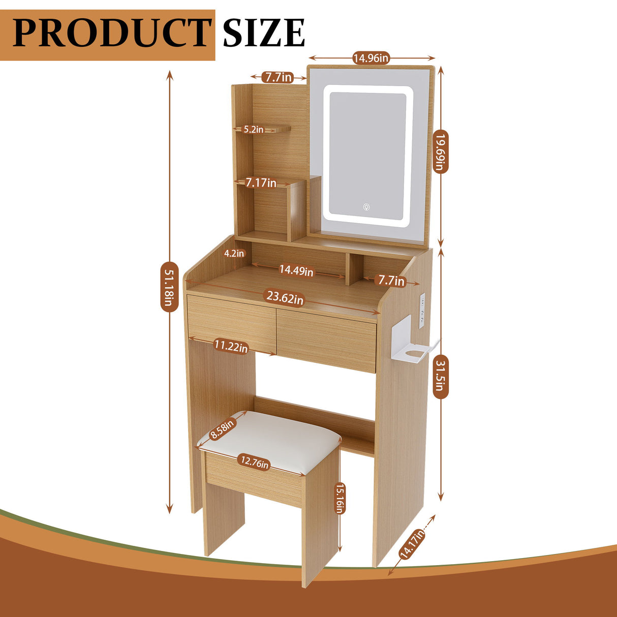 Vanity Table With LED Mirror, Power Outlet, Hairdryer Holder & Padded Stool, Compact Dressing Desk For Small Bedrooms - Wood