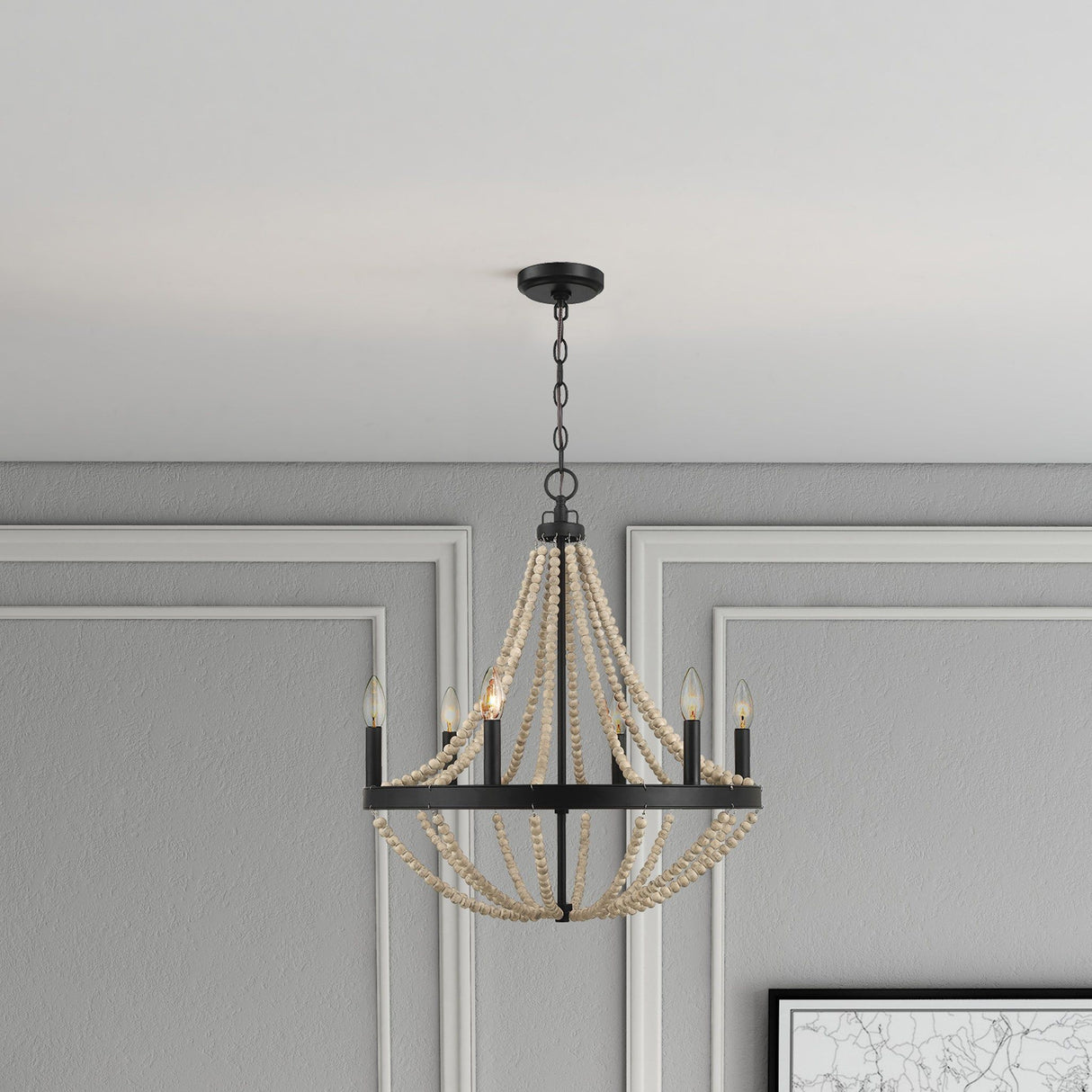 Starry - Chandelier 6 Candle Light Wood Beaded Pendant Light For Dining Room - Black / Clear