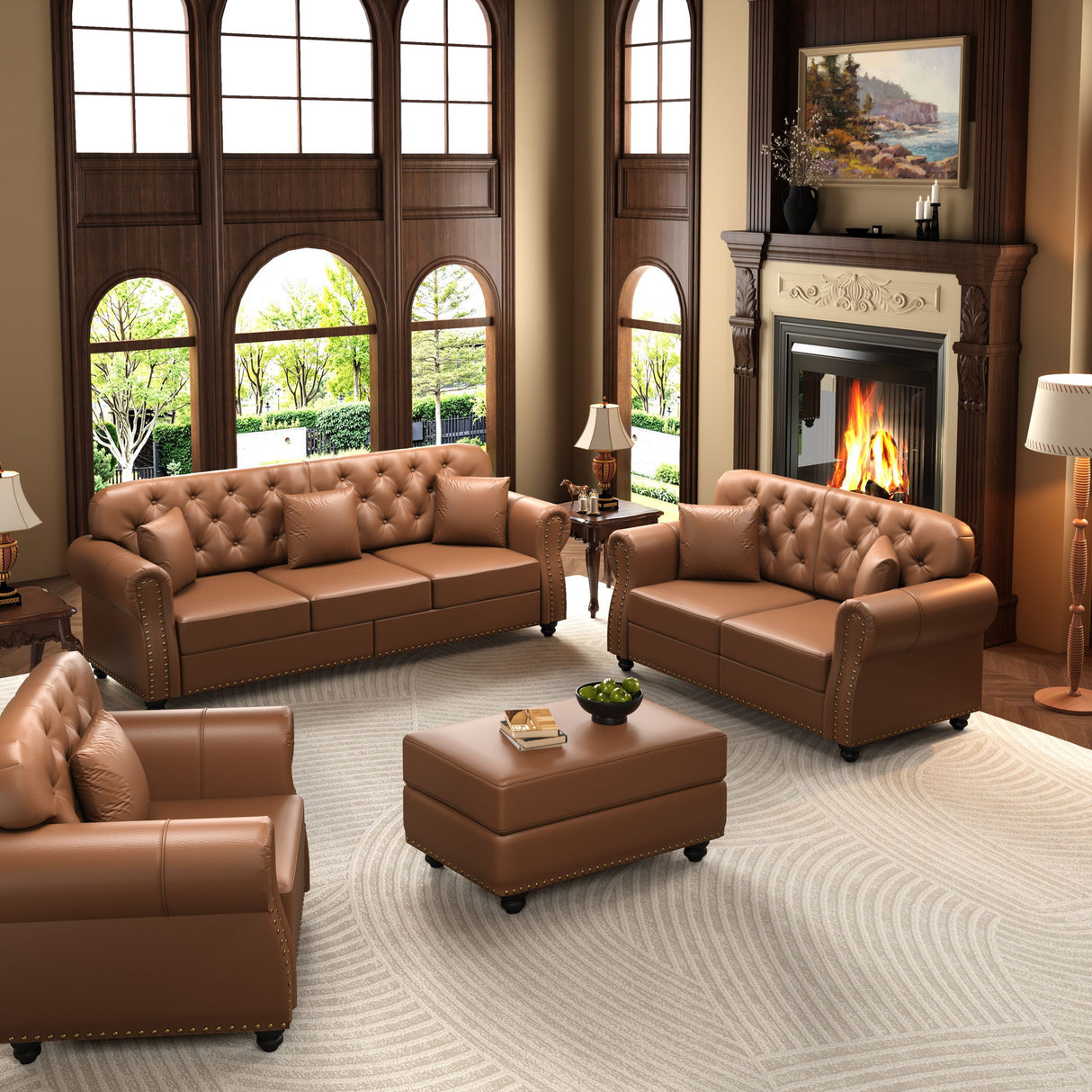 Upholstered Sofa With Nailhead Trim, Rolled Armrests With Ottoman