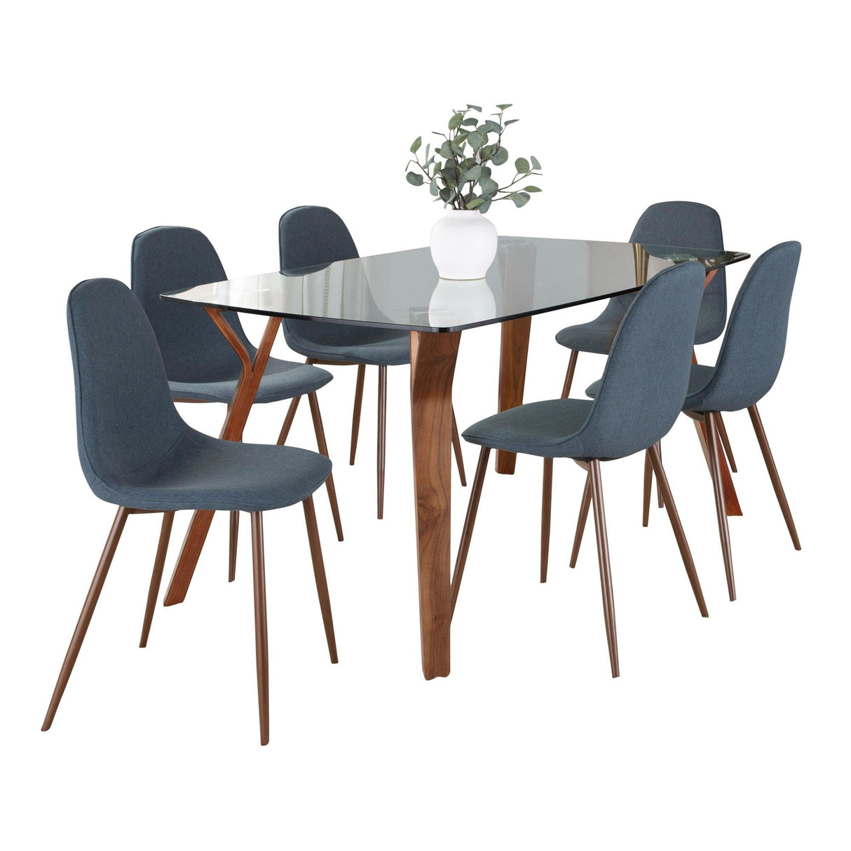 Folia - Pebble Mid-Century Modern 7 Piece Dining Room Set - Walnut Wood, Clear Tempered Glass, Walnut Metal And Blue Fabric