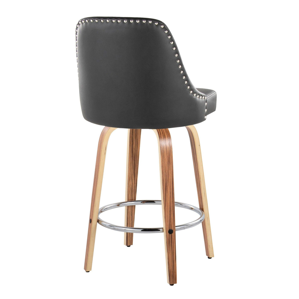 Marcel - 27" Fixed-Height Counter Stool With Swivel And Round Chrome Metal Footrest (Set of 2) - Zebra Wood And Black Faux Leather With Chrome Nailhead Trim