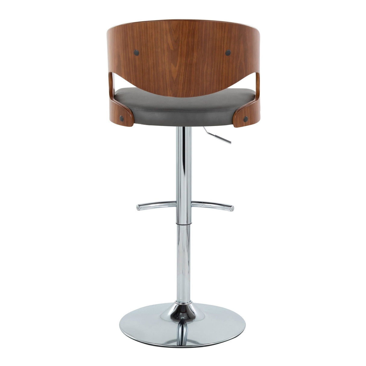 Pino - Mid-Century Modern Adjustable Swivel Barstool (Set of 2) - Chrome Metal, Walnut Wood And Gray Faux Leather With Rounded T Footrest
