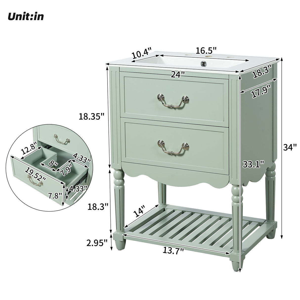Wave Design Bathroom Vanity With Sink, 2 Drawers And Open Shelf