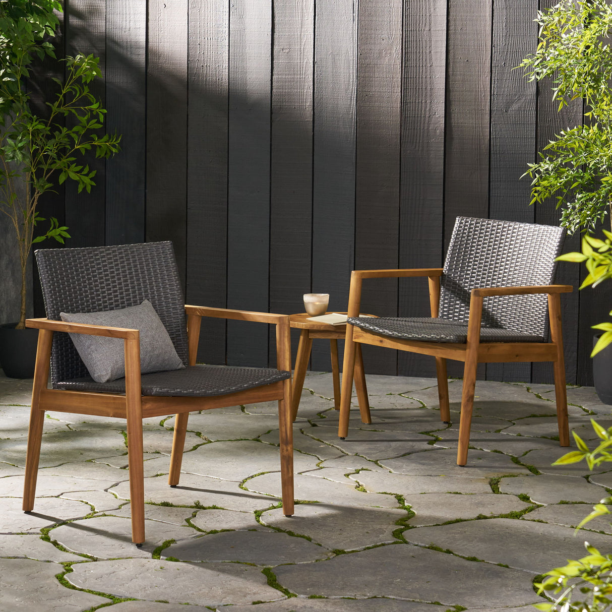 Tranquilize - Outdoor Wooden Club Chair With Woven Wicker Seat And Back (Set of 2) - Light Brown