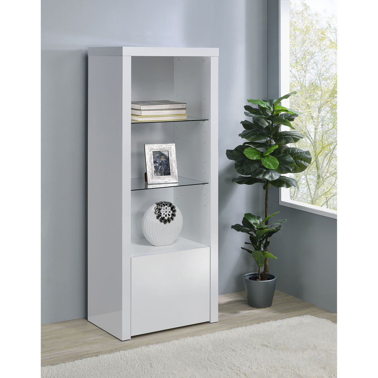Lance - 3 Shelf Media Tower With Shelves And Hidden Cabinet - Gloss White