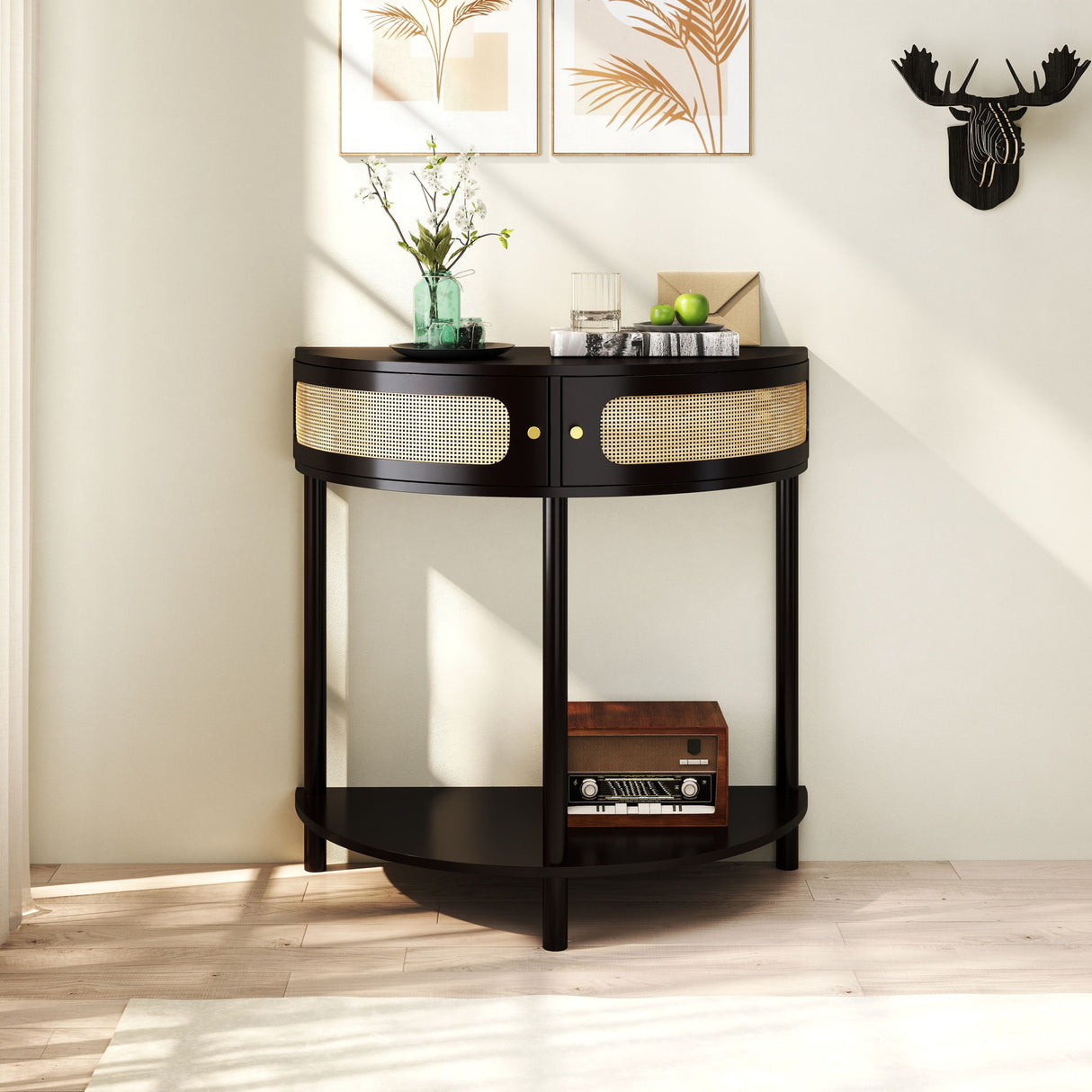 Boho Rattan Semi Circle End Table With Sliding Rattan Door, Storage And Bottom Shelf