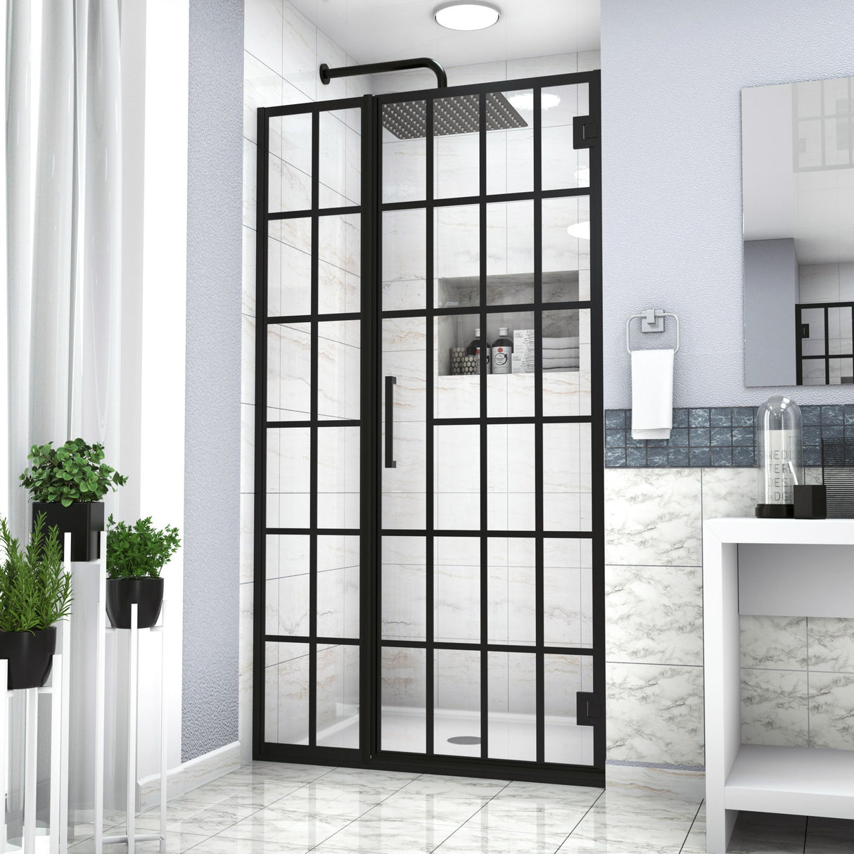 Frameless Pivot Shower Door With Pattern Glass, Open Entry Design