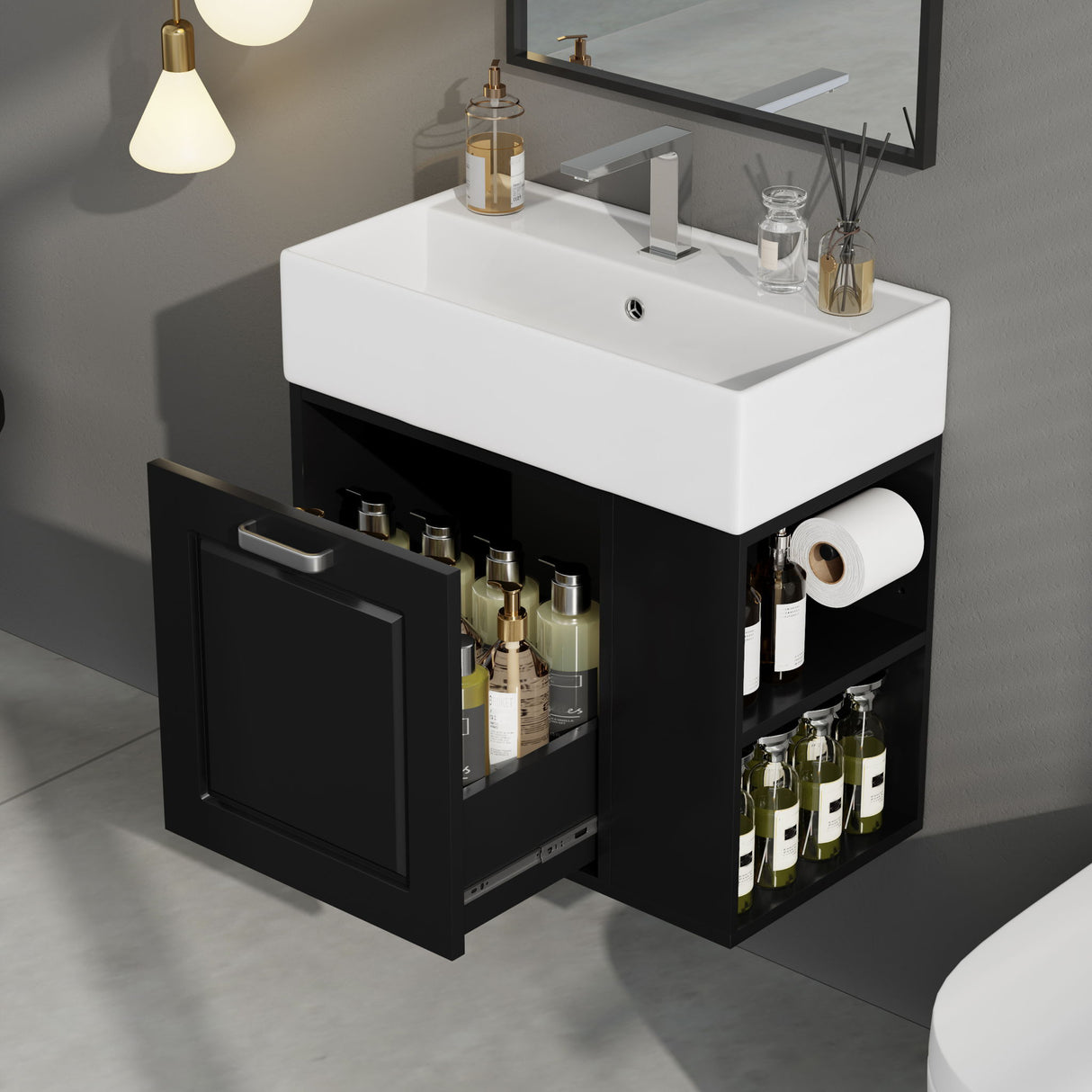 Modern Wall Mounted Bathroom Vanity With Sink, Soft Close Drawer, Adjustable Shelf, Toilet Paper Holder