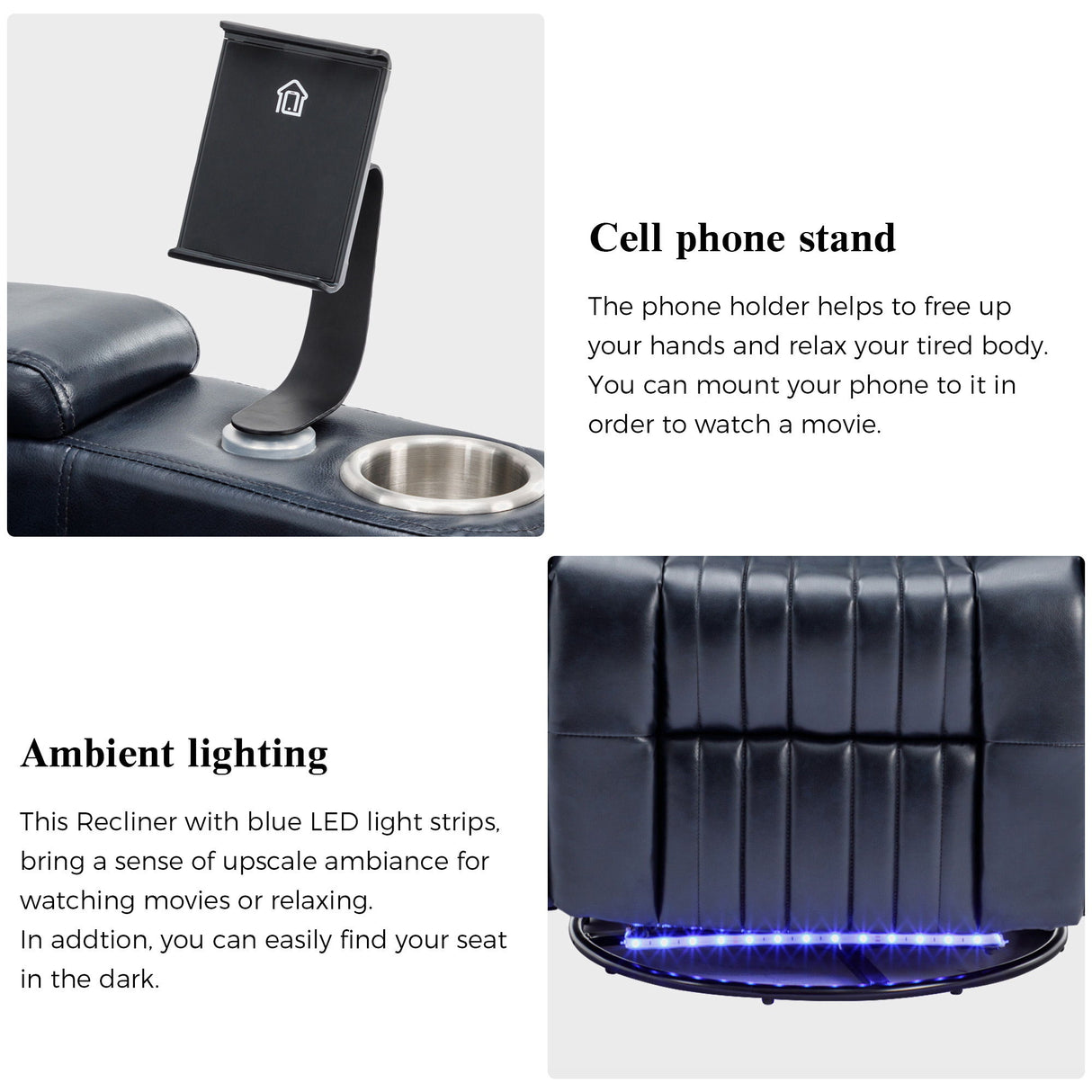 270° Power Swivel Recliner Home Theater Chair With Hidden Arm Storage, LED Light, Cup Holder, And Tray Table