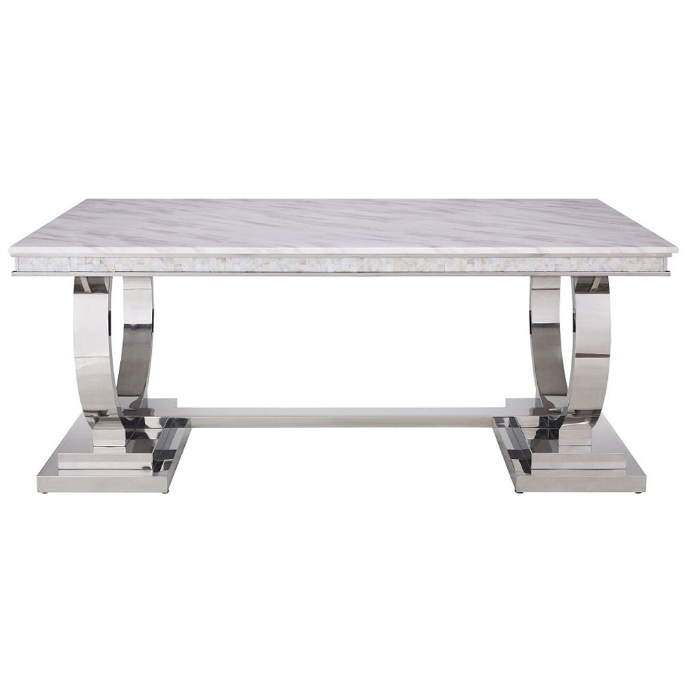 Zander - Dining Table - White Printed Faux Marble Top & Mirrored Silver