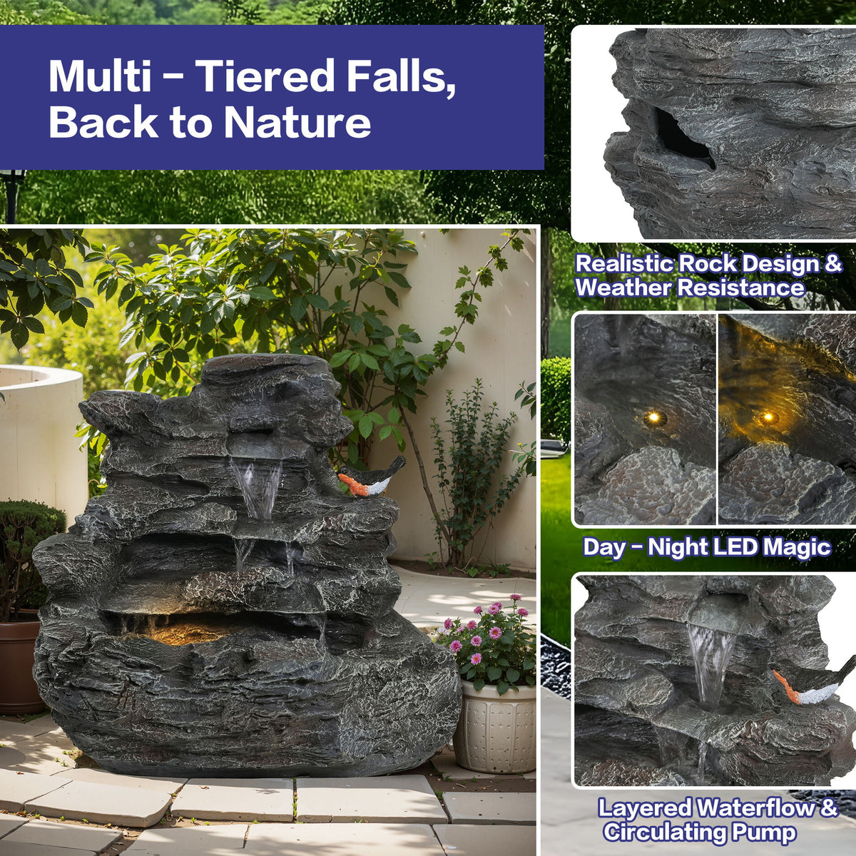 Concrete Rock Waterfall Fountain With LED Lights, Outdoor Garden Decor