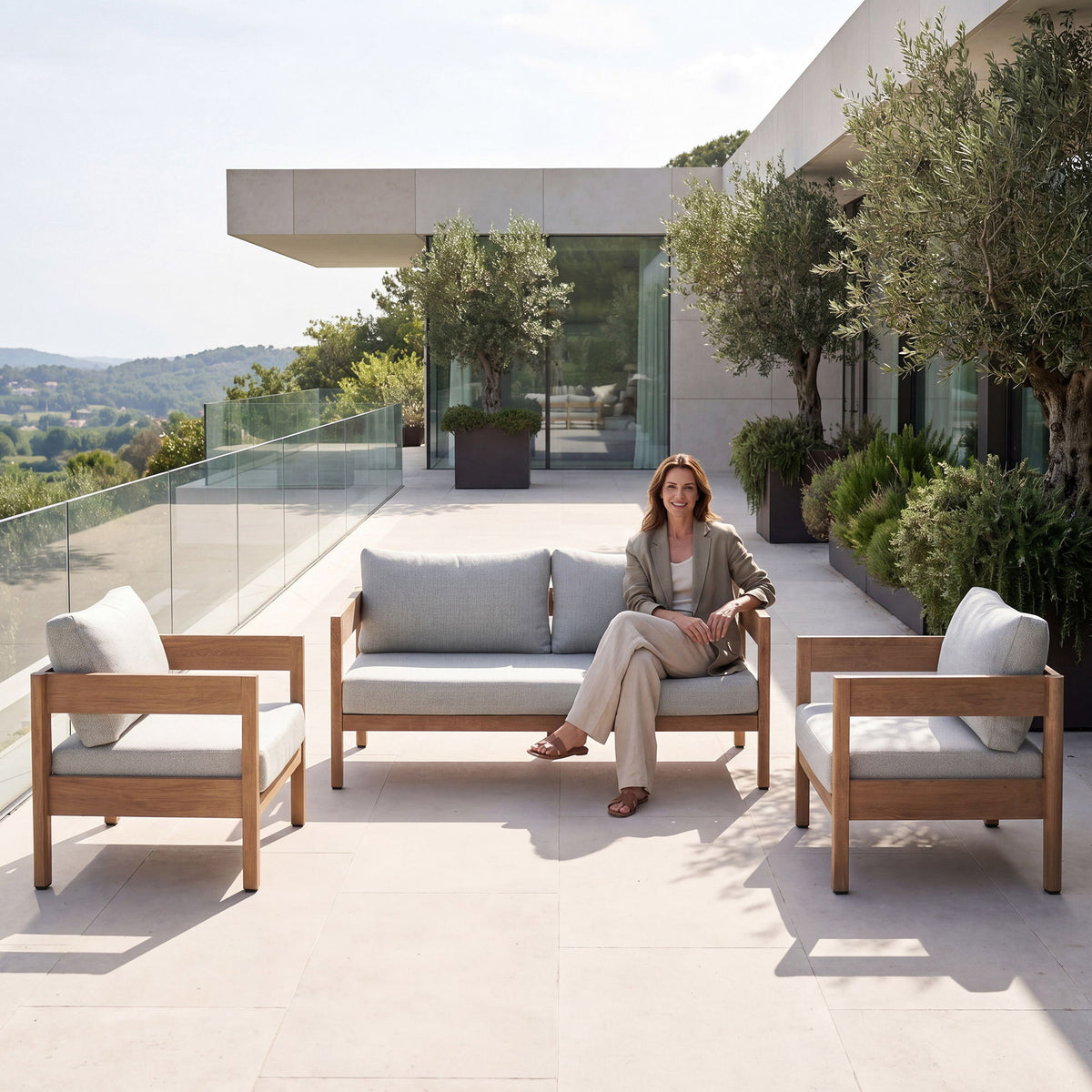 Outdoor Sofa With Weather Resistant Cushions (Coffee Table Not Included) (Set of 3) - Oak