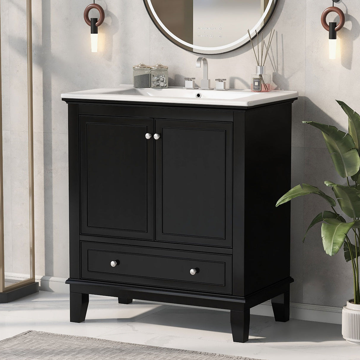 30" Bathroom Vanity With Sink Combo, Multi Functional Bathroom Cabinet With Doors And Drawer - Black