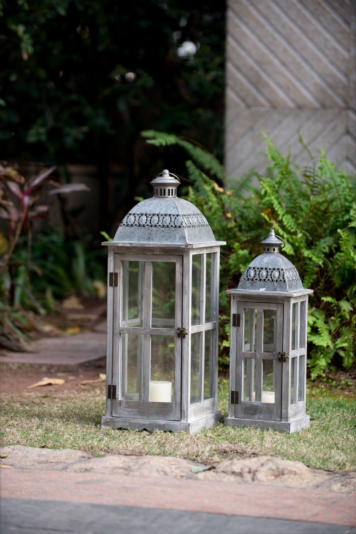 Wooden Candle Lantern Decorative, Hurricane Lantern Holder Decor For Indoor Outdoor, Home Garden Wedding - Gray