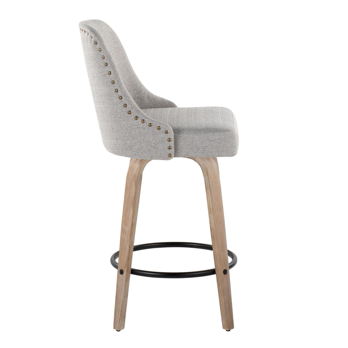 Studded - Marcel Fixed-Height Counter Stool (Set of 2) - Whitewashed Wood, Light Gray Fabric, Brass Metal, Black Metal