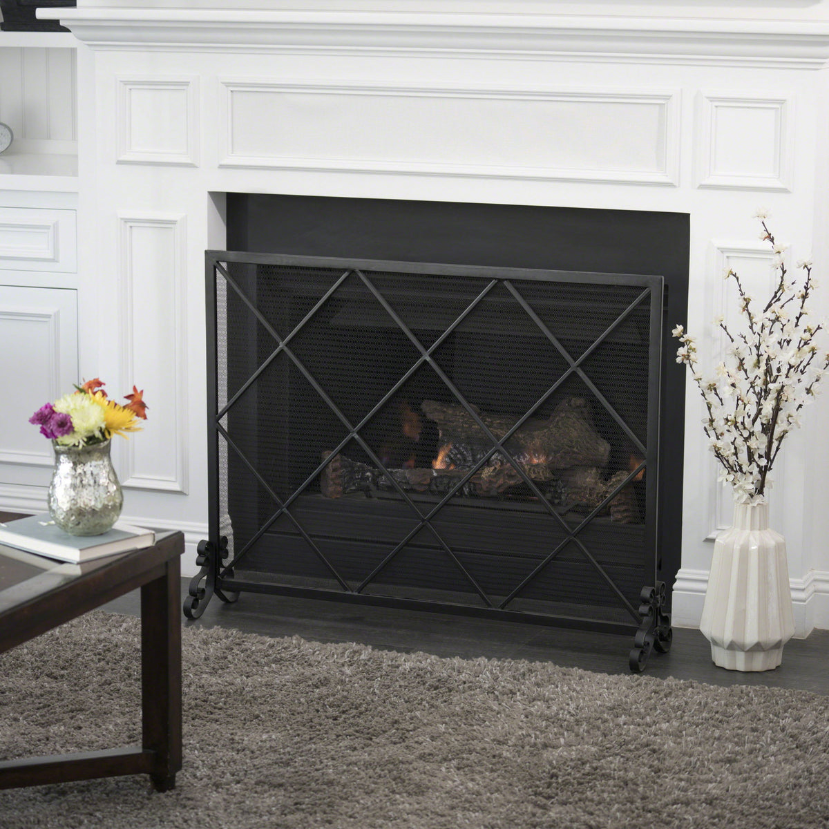 Minimalist Single Panel Iron Fireplace Screen With Diamond Design