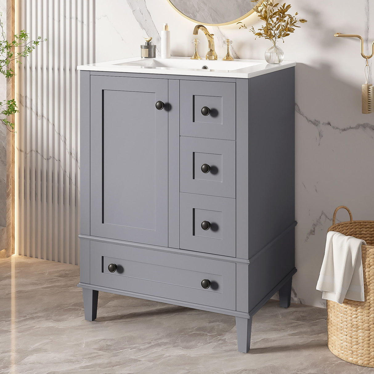 Bathroom Vanity With Integrated Basin, Soft Close Drawers, Door Mounted Double Layer Shelf