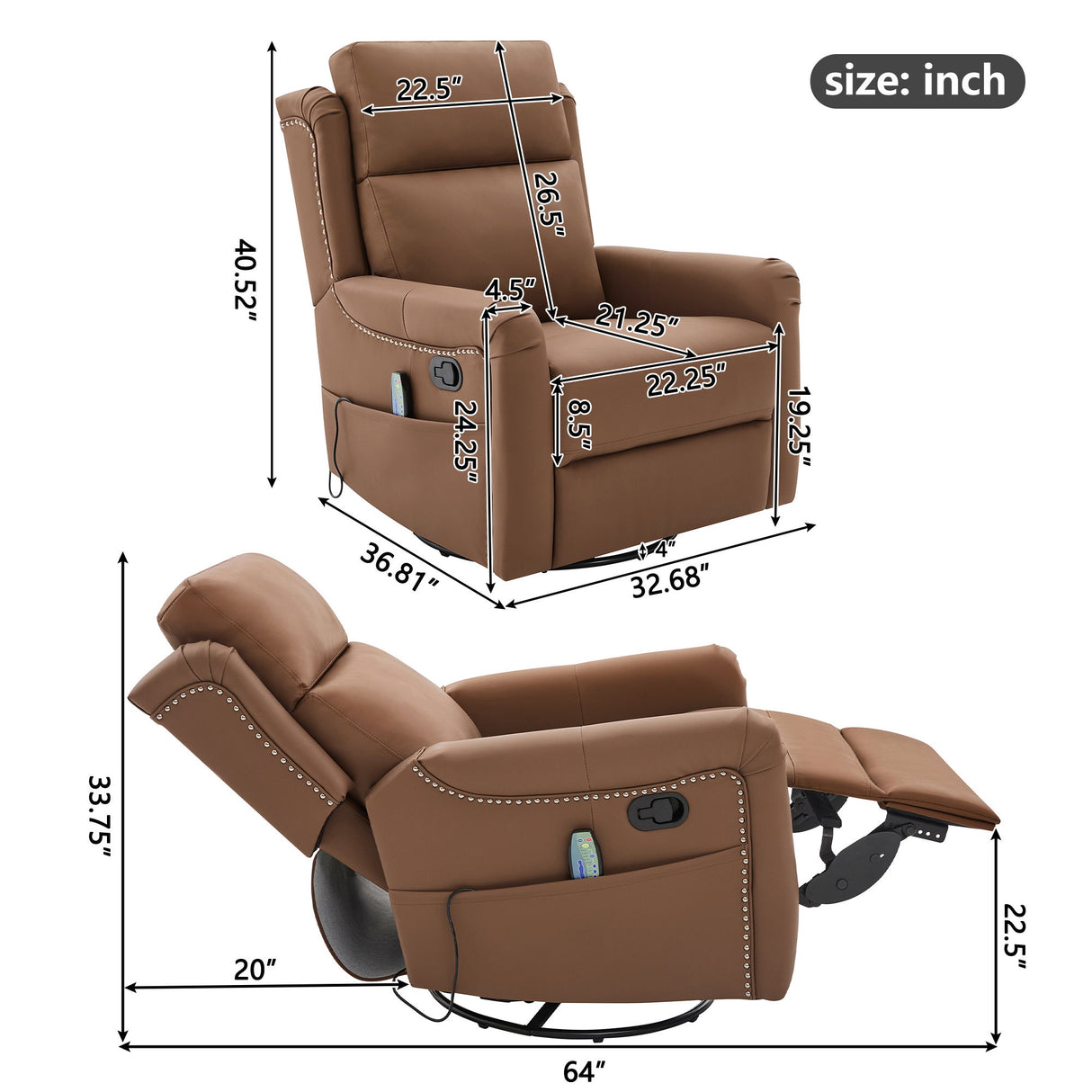 Manual Recliner, Swivel Rocking Chair With 8 Point Massage And Heating - Brown